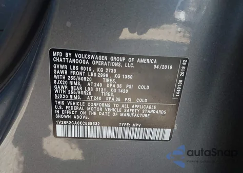 2019 Volkswagen Atlas 3.6L V6 Sel R-Line from USA, damaged, VIN 1V2RR2CA0KC558332